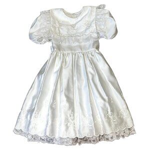 Jayne Copeland Vintage Long White Girls Satin Dress 5 Puff Sleeve Lace